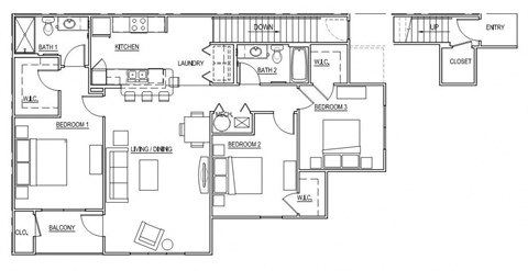 Floor plan for 3 beds, 2 baths, 1482 sqft